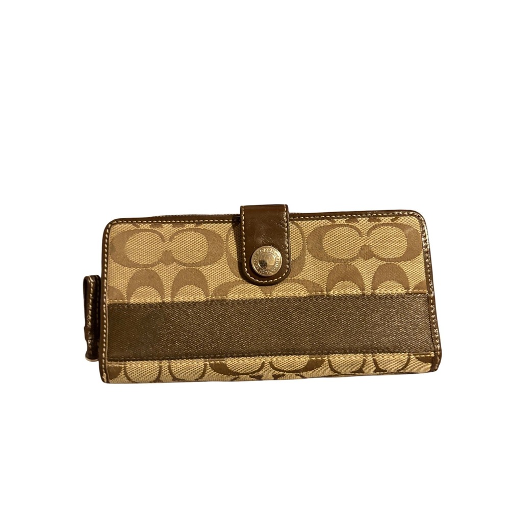 Coach Signature Monogram Bifold Wallet Brown Tan Canvas Leather Zip Accordion‎